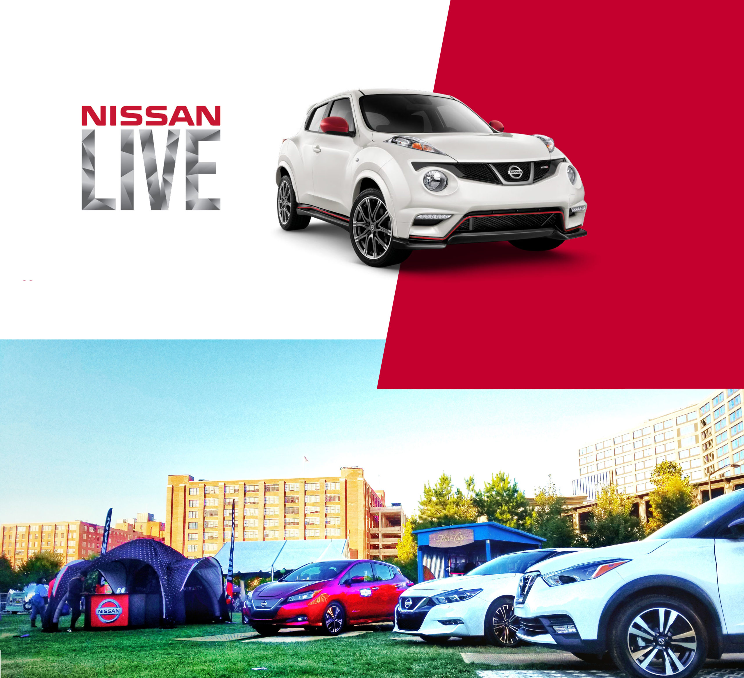 A graphic showing the Nissan Live logo and cars at an event